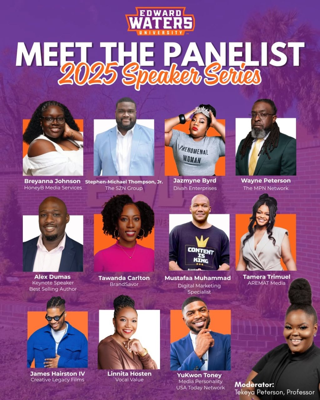 Edward Waters University 2025 Speaker Series panelist flyer featuring Mustafaa Muhammad
