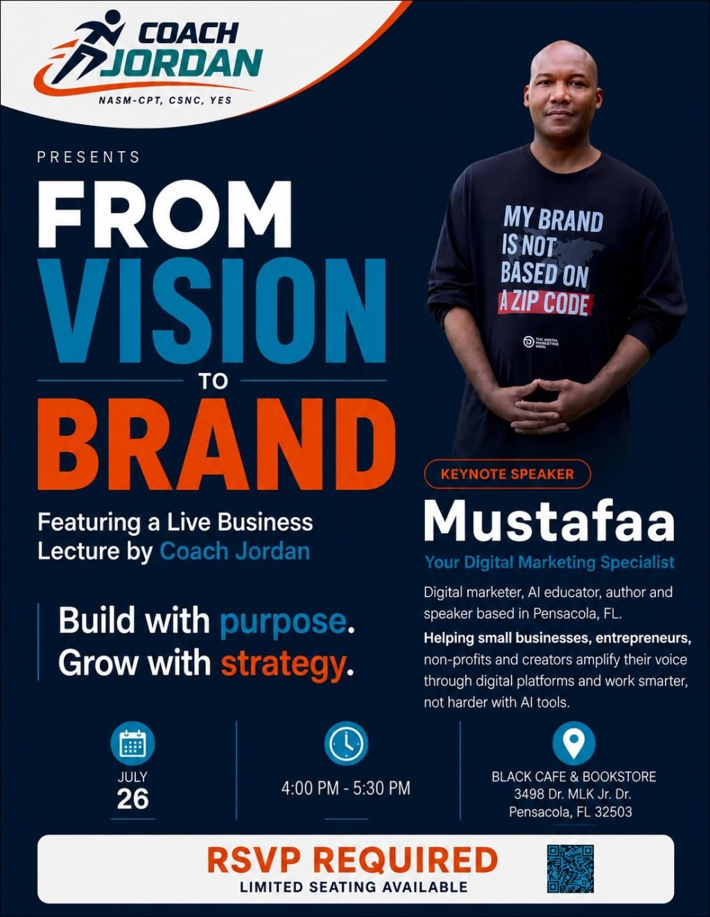 From Vision to Brand event flyer featuring Coach Jordan and keynote speaker Mustafaa