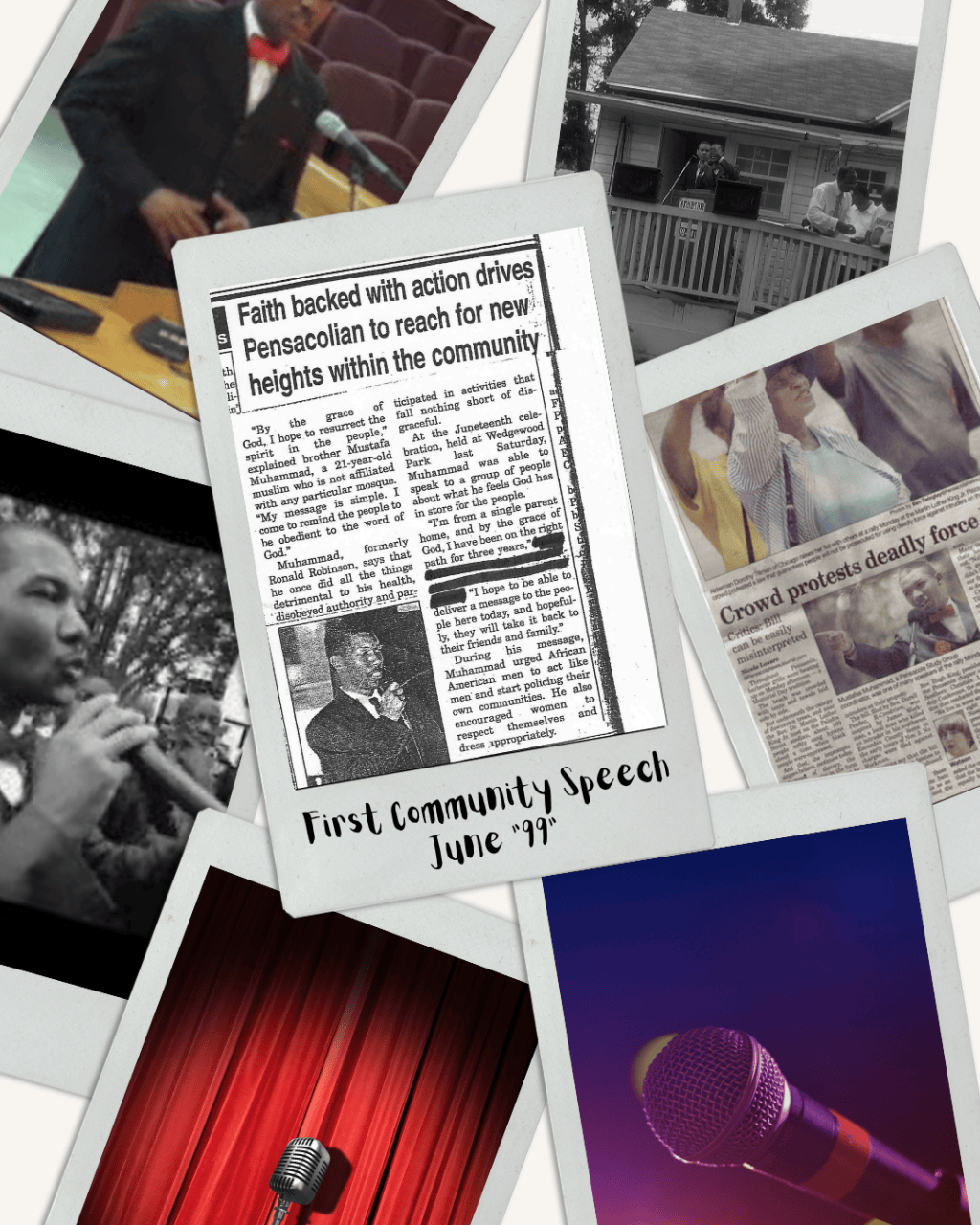 Collage of Mustafaa speaking as a community advocate before the digital marketing era