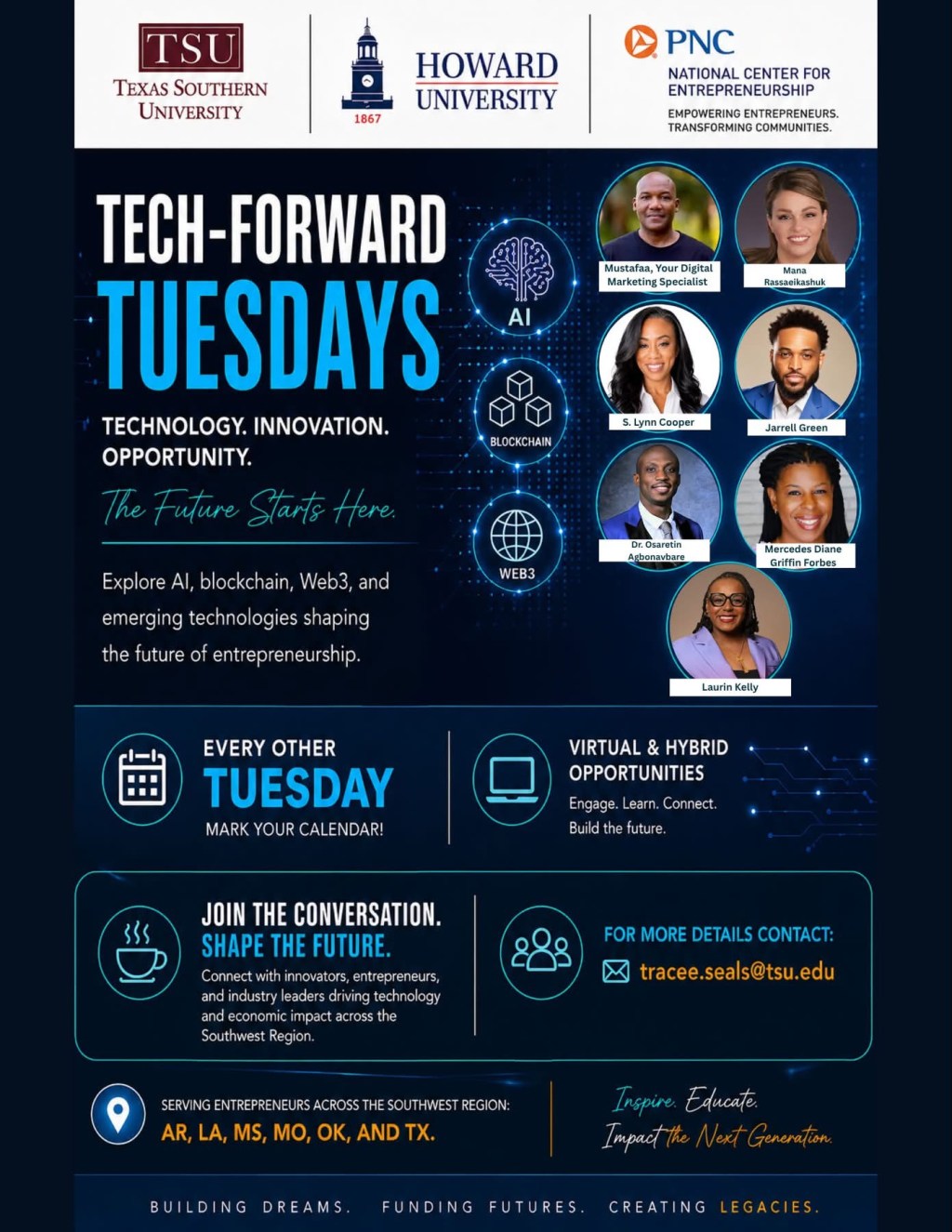 Texas Southern University Tech-Forward Tuesdays speaker series flyer featuring Mustafaa, Your Digital Marketing Specialist