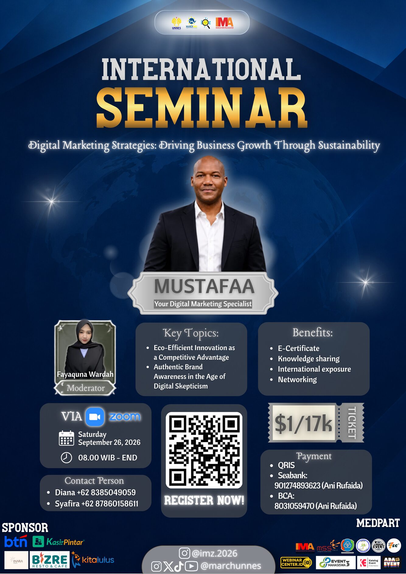 International Seminar flyer featuring Mustafaa for a September 26, 2026 virtual presentation hosted by Universitas Negeri Semarang in Indonesia